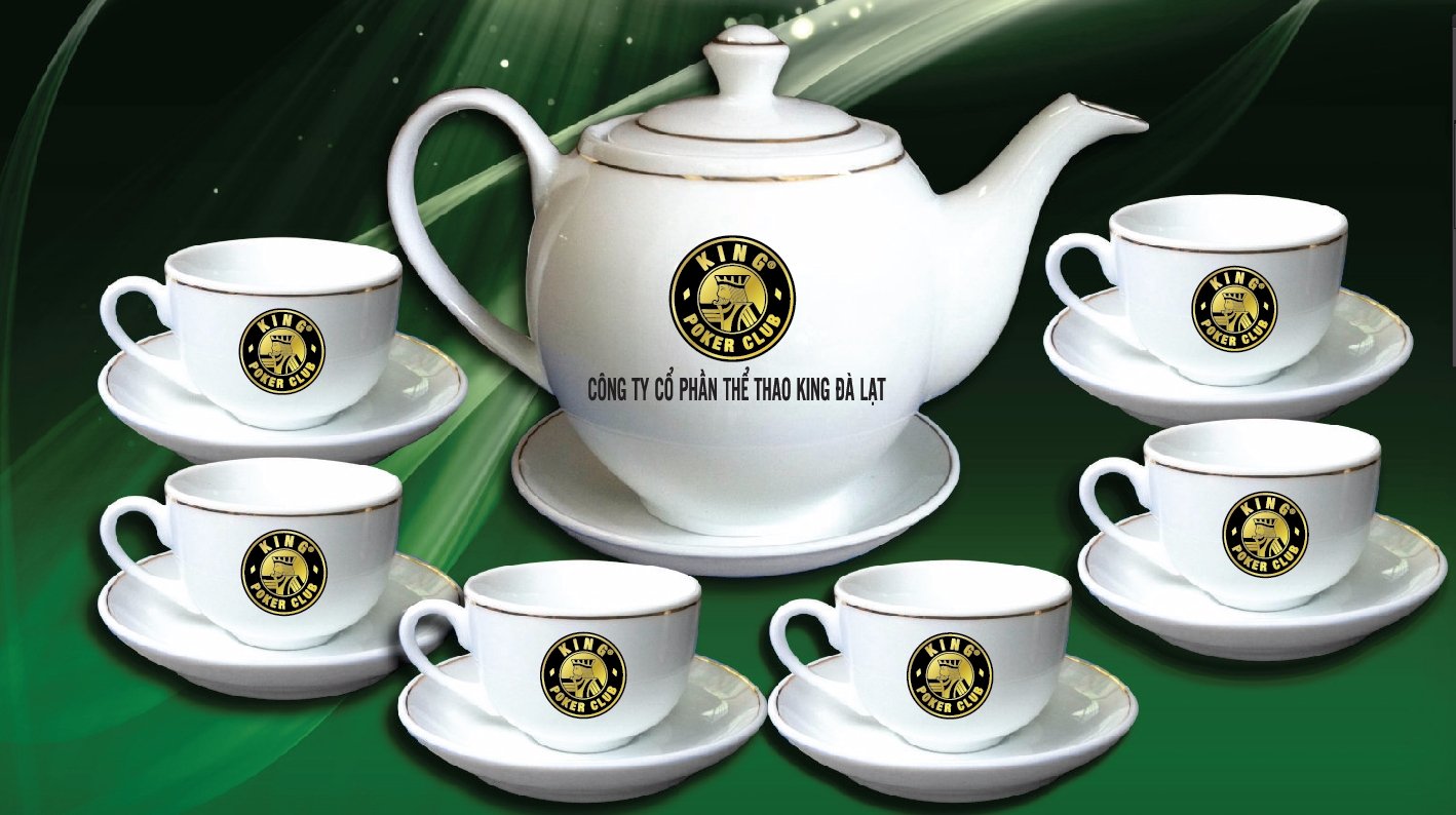 Quà Tặng Cho Doanh Nghiệp | Bộ Ấm Trà In Logo Viền Vàng Kim Cao Cấp