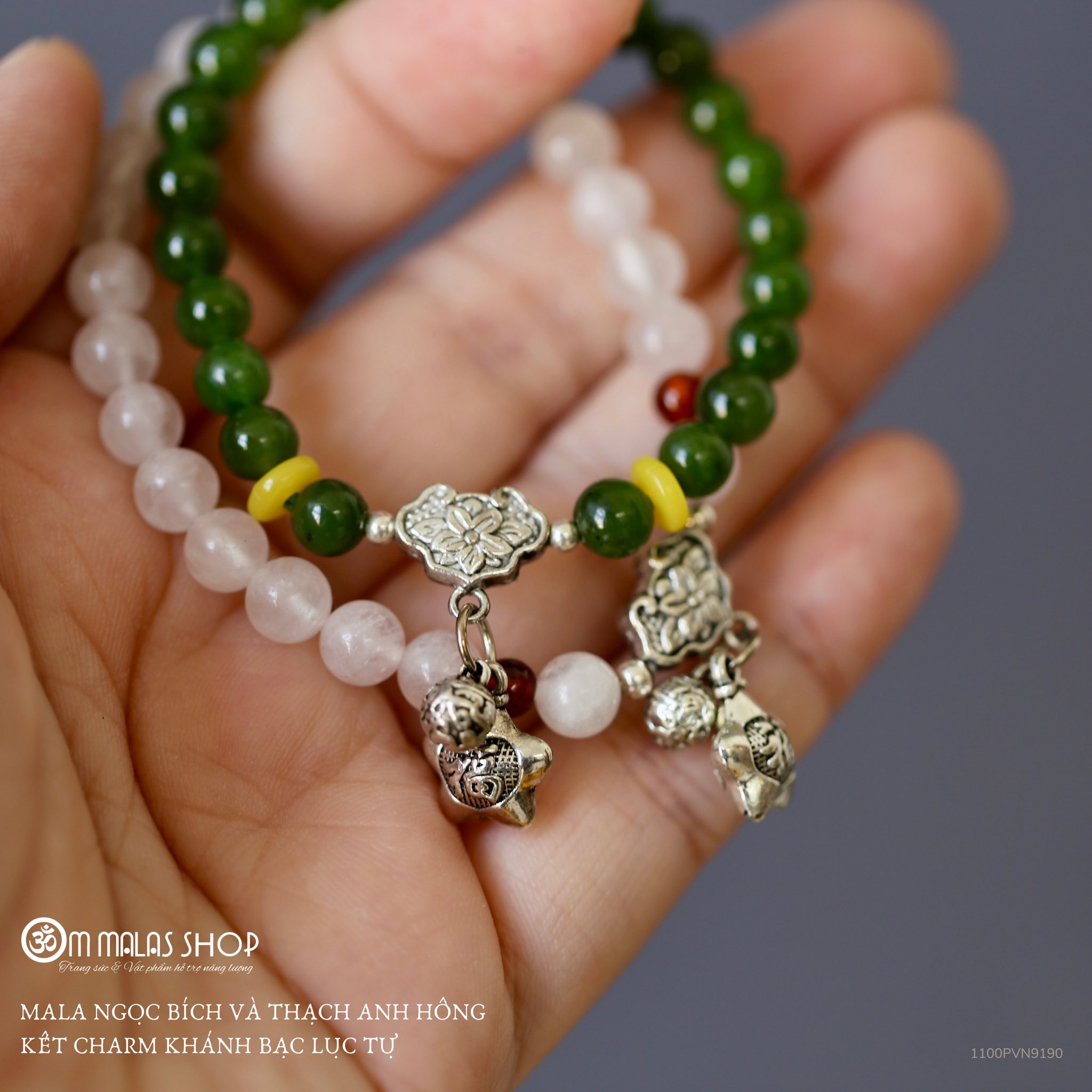 HANDMALA NGỌC BÍCH/THẠCH ANH HỒNG KẾT CHARM KHÓA TRƯỜNG MỆNH KHẮC CHỮ OM