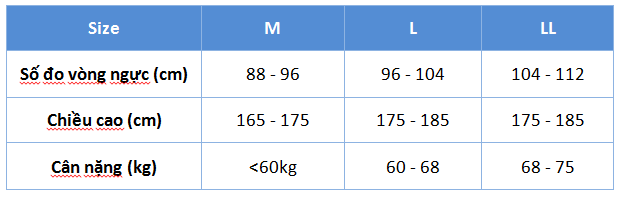 Bảng size ao giư nhiệt nam gunze