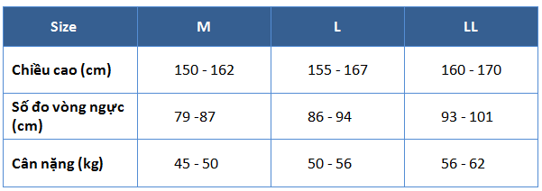 Bảng size Áo tập Gunze Tuche 2100