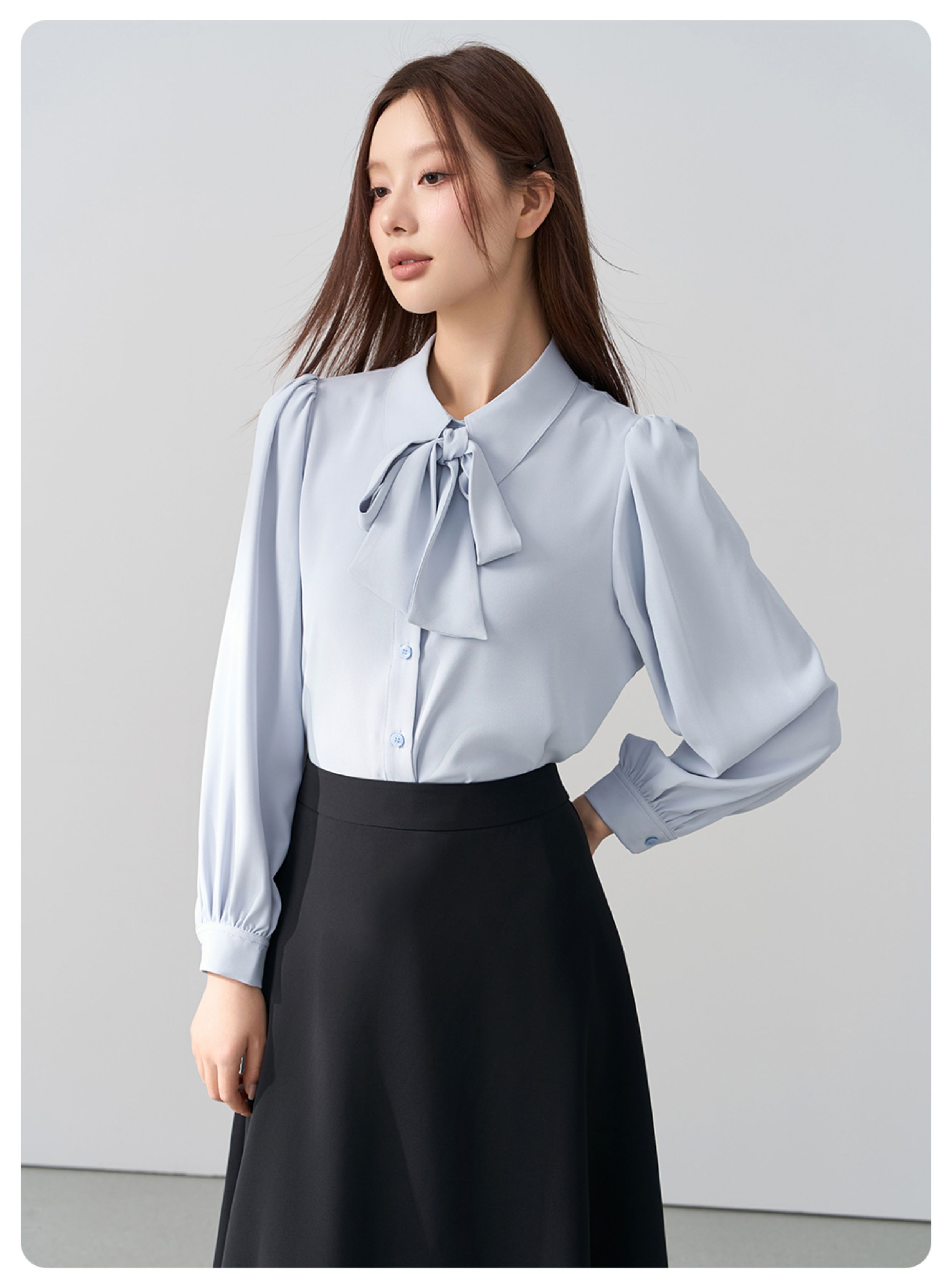 SM36 Áo Sơ Mi Nữ Dài Tay Màu Xanh MAKILANA Công Sở Hàn Quốc Mặc Đi Làm, Dự Phỏng Vấn, Dạy Học, Mùa Xuân Hè 2025