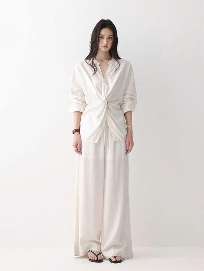 SET33 Bộ đồ dài tay hai chiều bằng vải linen kiểu dáng xoắn hông MAKILANA dành cho nữ