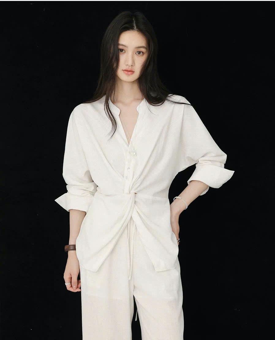 SET33 Bộ đồ dài tay hai chiều bằng vải linen kiểu dáng xoắn hông MAKILANA dành cho nữ