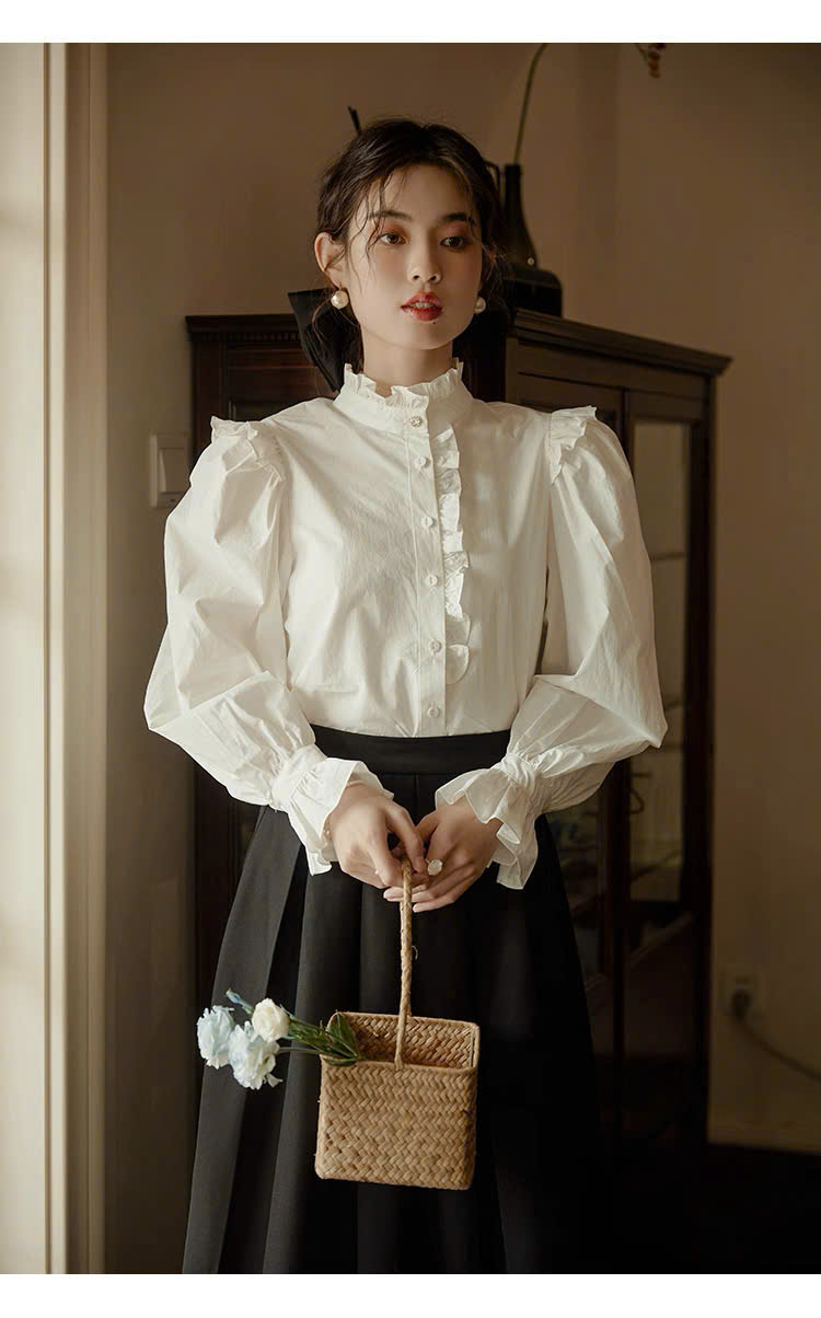 SM43 Áo sơ mi tay bồng màu trắng phong cách retro Pháp dành cho nữ của MAKILANA,áo dài tay thiết kế mới mùa xuân 2026