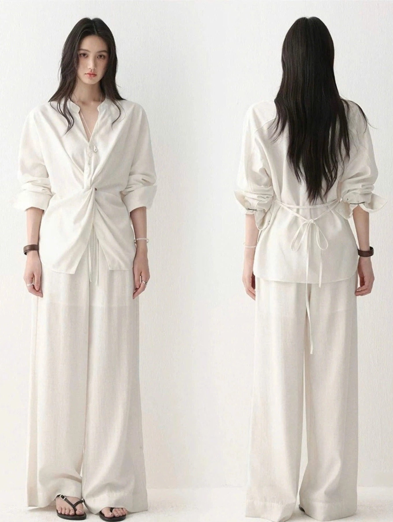 SET33 Bộ đồ dài tay hai chiều bằng vải linen kiểu dáng xoắn hông MAKILANA dành cho nữ