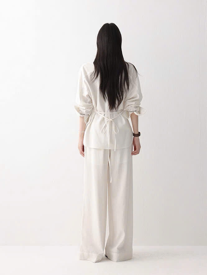 SET33 Bộ đồ dài tay hai chiều bằng vải linen kiểu dáng xoắn hông MAKILANA dành cho nữ