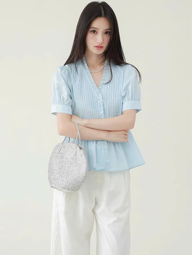 SM50 Áo sơ mi ngắn tay cổ chữ V xếp ly kiểu Pháp MAKILANA dành cho nữ, Áo sơ mi tay bồng phong cách mùa hè 2026