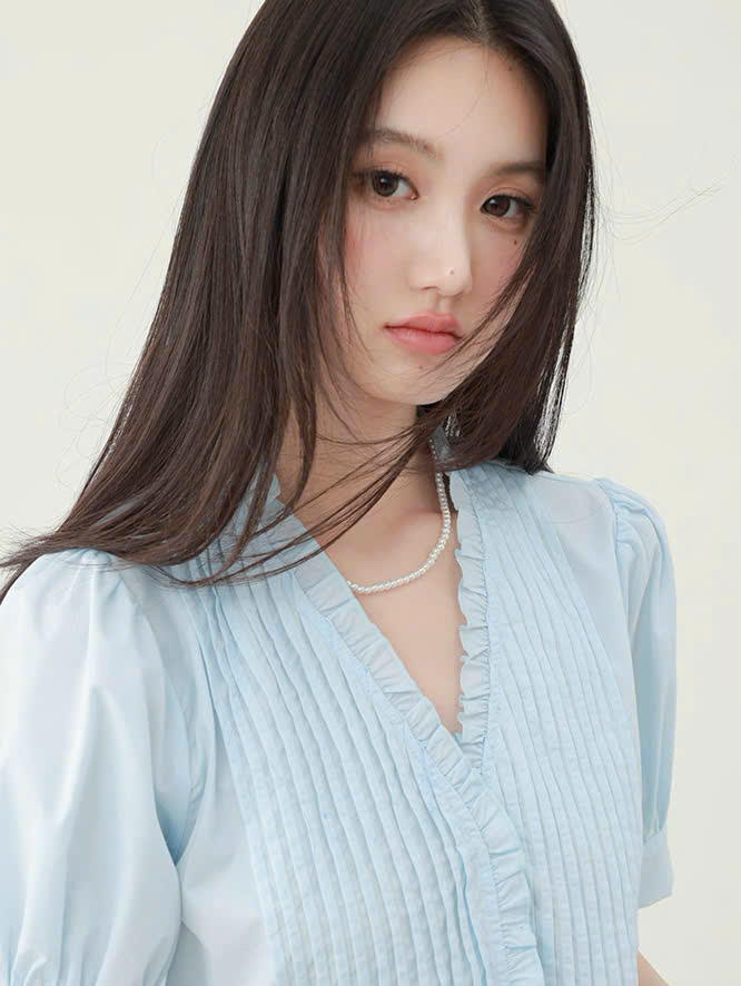 SM50 Áo sơ mi ngắn tay cổ chữ V xếp ly kiểu Pháp MAKILANA dành cho nữ, Áo sơ mi tay bồng phong cách mùa hè 2026