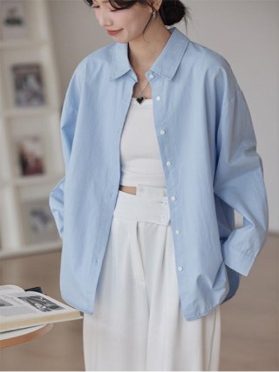 Áo sơ mi nữ dài tay dáng rộng Hàn Quốc chất liệu cotton màu hồng xanh trắng phong cách trẻ trung SM17