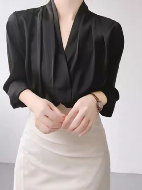 Áo sơ mi nữ cổ V, sơmi nữ dài tay, sơmi nữ xát nách vải lụa, sơ mi công sở sang trọng, thanh lịch SM02