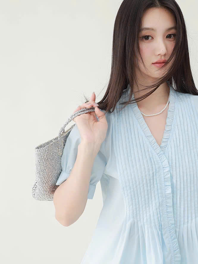 SM50 Áo sơ mi ngắn tay cổ chữ V xếp ly kiểu Pháp MAKILANA dành cho nữ, Áo sơ mi tay bồng phong cách mùa hè 2026