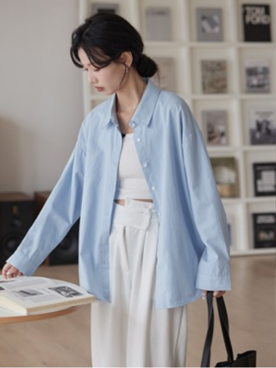 Áo sơ mi nữ dài tay dáng rộng Hàn Quốc chất liệu cotton màu hồng xanh trắng phong cách trẻ trung SM17
