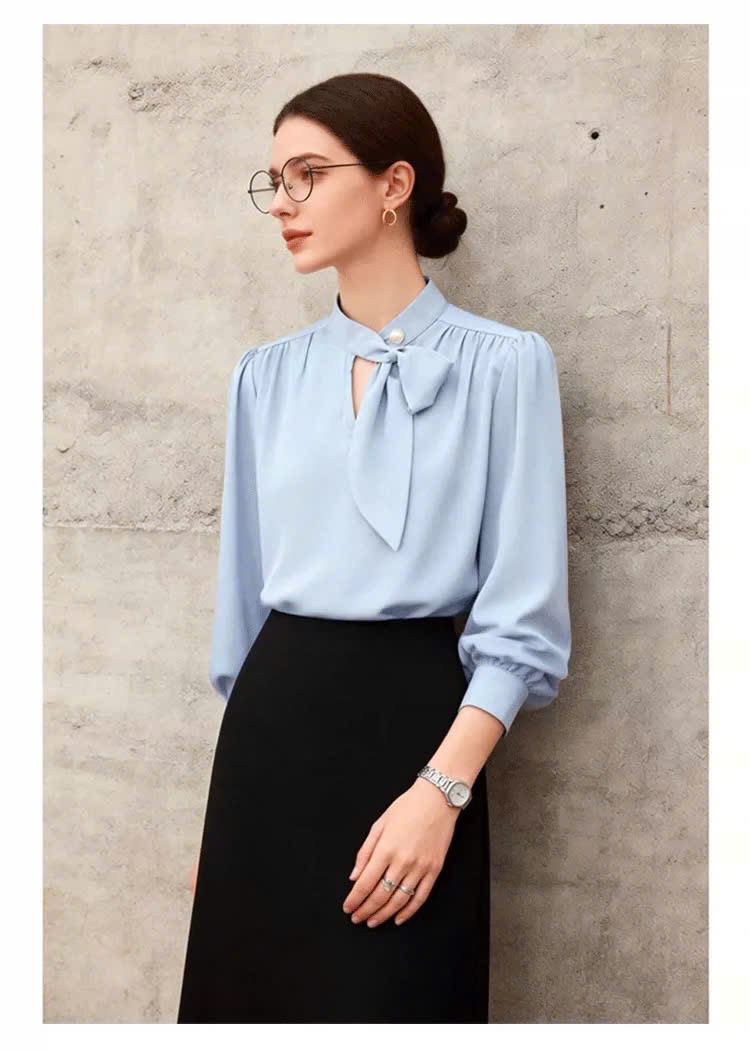 SM46 Áo sơ mi thiết kế cổ nơ thanh lịch MAKILANA,áo sơ mi phong cách công sở dành cho nữ