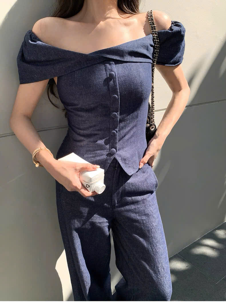 SET30 Set đồ thời trang gồm áo trễ vai và quần ống rộng dáng suông MAKILANA dành cho nữ,Set bộ denim dành cho nữ
