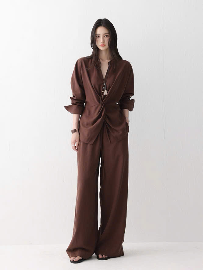 SET33 Bộ đồ dài tay hai chiều bằng vải linen kiểu dáng xoắn hông MAKILANA dành cho nữ