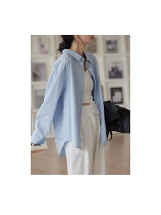 Áo sơ mi nữ dài tay dáng rộng Hàn Quốc chất liệu cotton màu hồng xanh trắng phong cách trẻ trung SM17