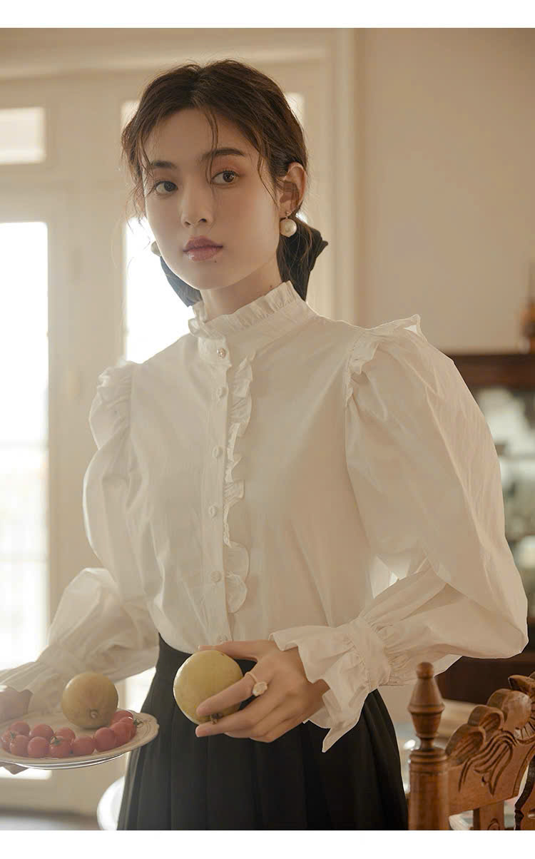 SM43 Áo sơ mi tay bồng màu trắng phong cách retro Pháp dành cho nữ của MAKILANA,áo dài tay thiết kế mới mùa xuân 2026