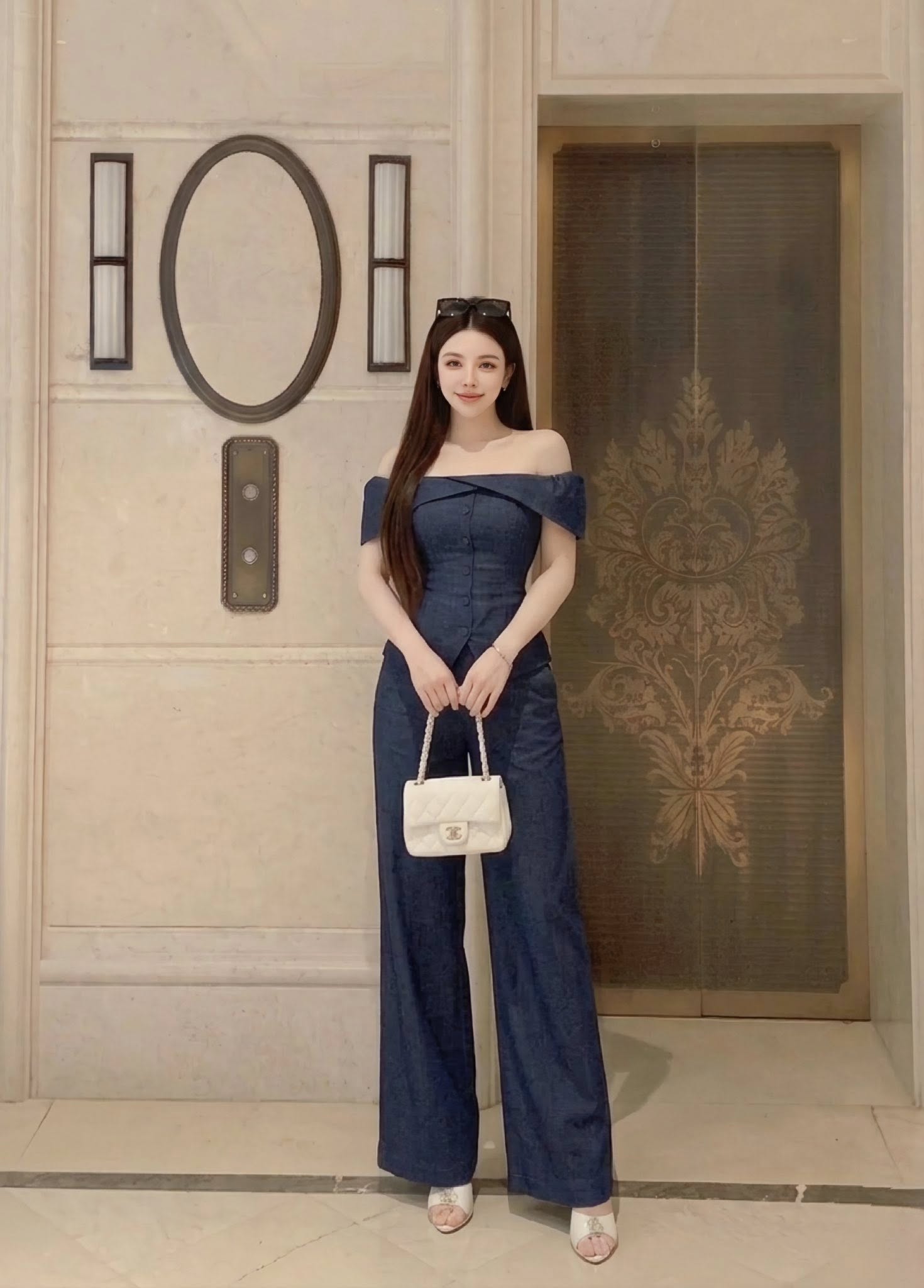 SET30 Set đồ thời trang gồm áo trễ vai và quần ống rộng dáng suông MAKILANA dành cho nữ,Set bộ denim dành cho nữ