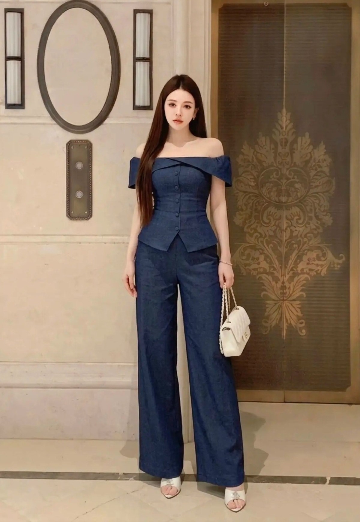 SET30 Set đồ thời trang gồm áo trễ vai và quần ống rộng dáng suông MAKILANA dành cho nữ,Set bộ denim dành cho nữ