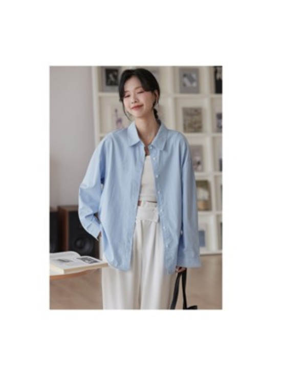 Áo sơ mi nữ dài tay dáng rộng Hàn Quốc chất liệu cotton màu hồng xanh trắng phong cách trẻ trung SM17