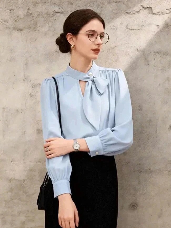 SM46 Áo sơ mi thiết kế cổ nơ thanh lịch MAKILANA,áo sơ mi phong cách công sở dành cho nữ