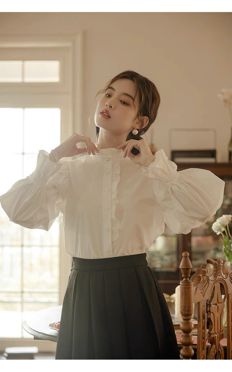SM43 Áo sơ mi tay bồng màu trắng phong cách retro Pháp dành cho nữ của MAKILANA,áo dài tay thiết kế mới mùa xuân 2026