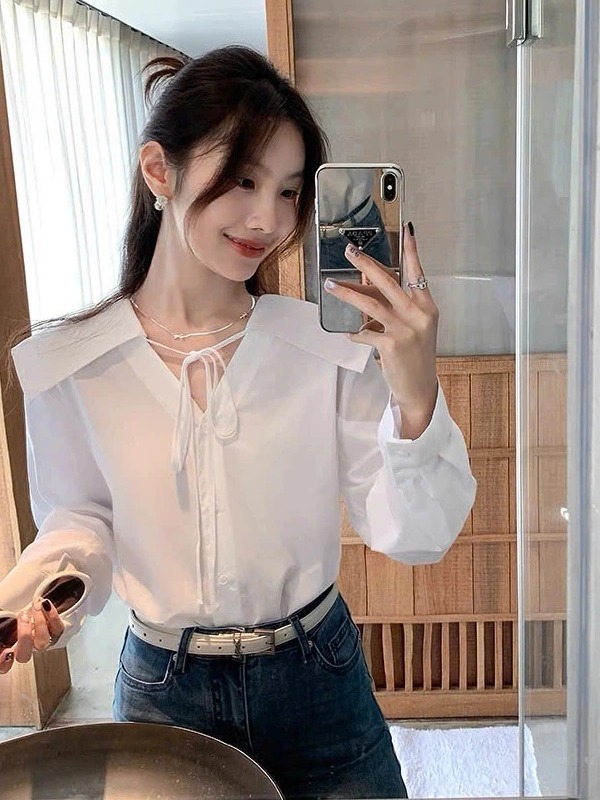 SM48 Áo sơ mi cổ vuông phối dây buộc nơ MAKILANA, Áo sơ mi dài tay thiết kế thanh lịch dành cho nữ