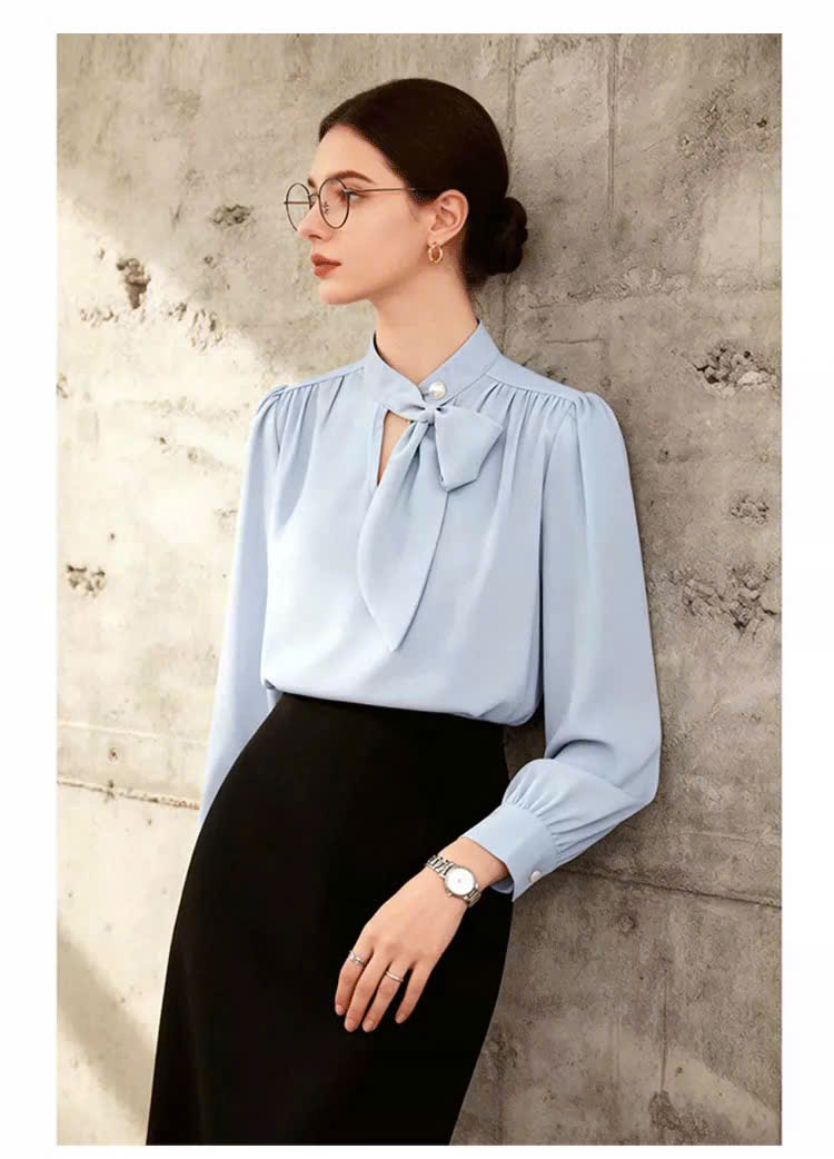 SM46 Áo sơ mi thiết kế cổ nơ thanh lịch MAKILANA,áo sơ mi phong cách công sở dành cho nữ