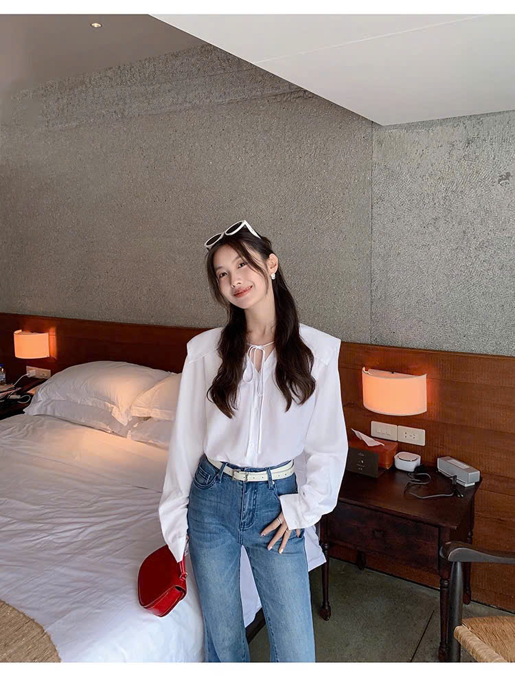 SM48 Áo sơ mi cổ vuông phối dây buộc nơ MAKILANA, Áo sơ mi dài tay thiết kế thanh lịch dành cho nữ