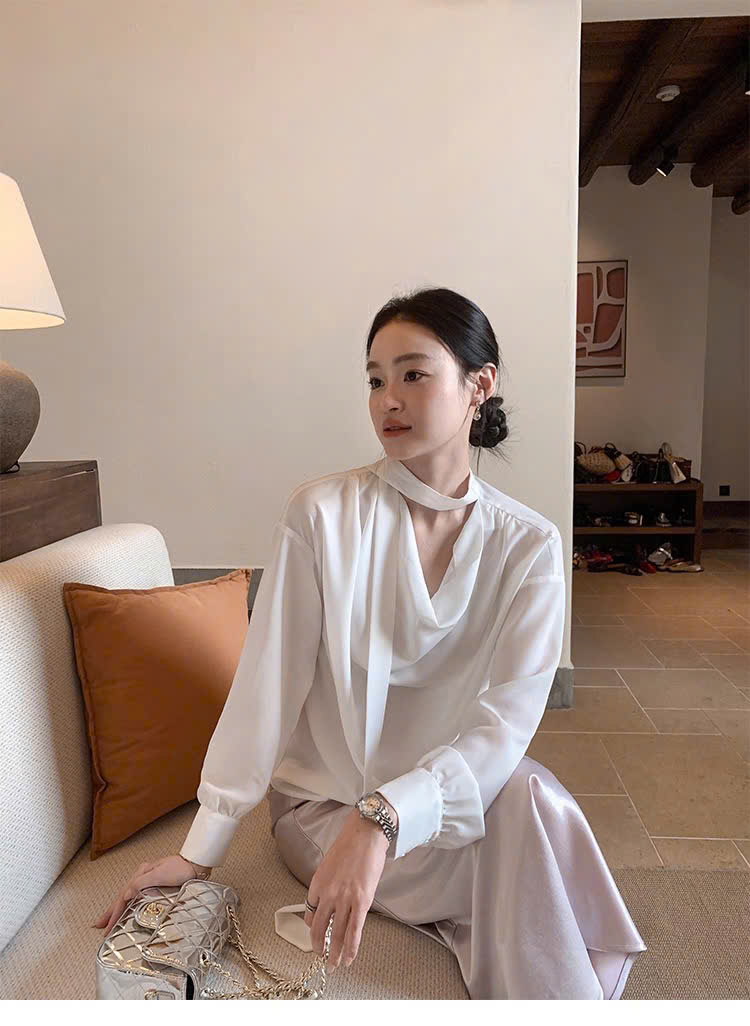 SM47 Áo sơ mi dài tay cổ đổ chữ V MAKILANA, áo sơ mi xếp nếp thanh lịch dành cho nữ xuân hè 2026
