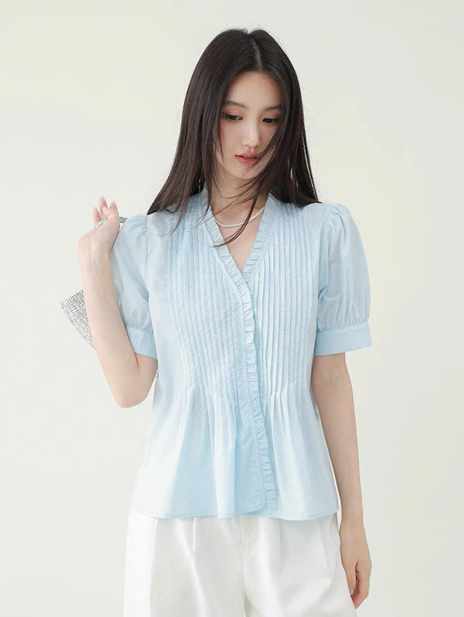 SM50 Áo sơ mi ngắn tay cổ chữ V xếp ly kiểu Pháp MAKILANA dành cho nữ, Áo sơ mi tay bồng phong cách mùa hè 2026