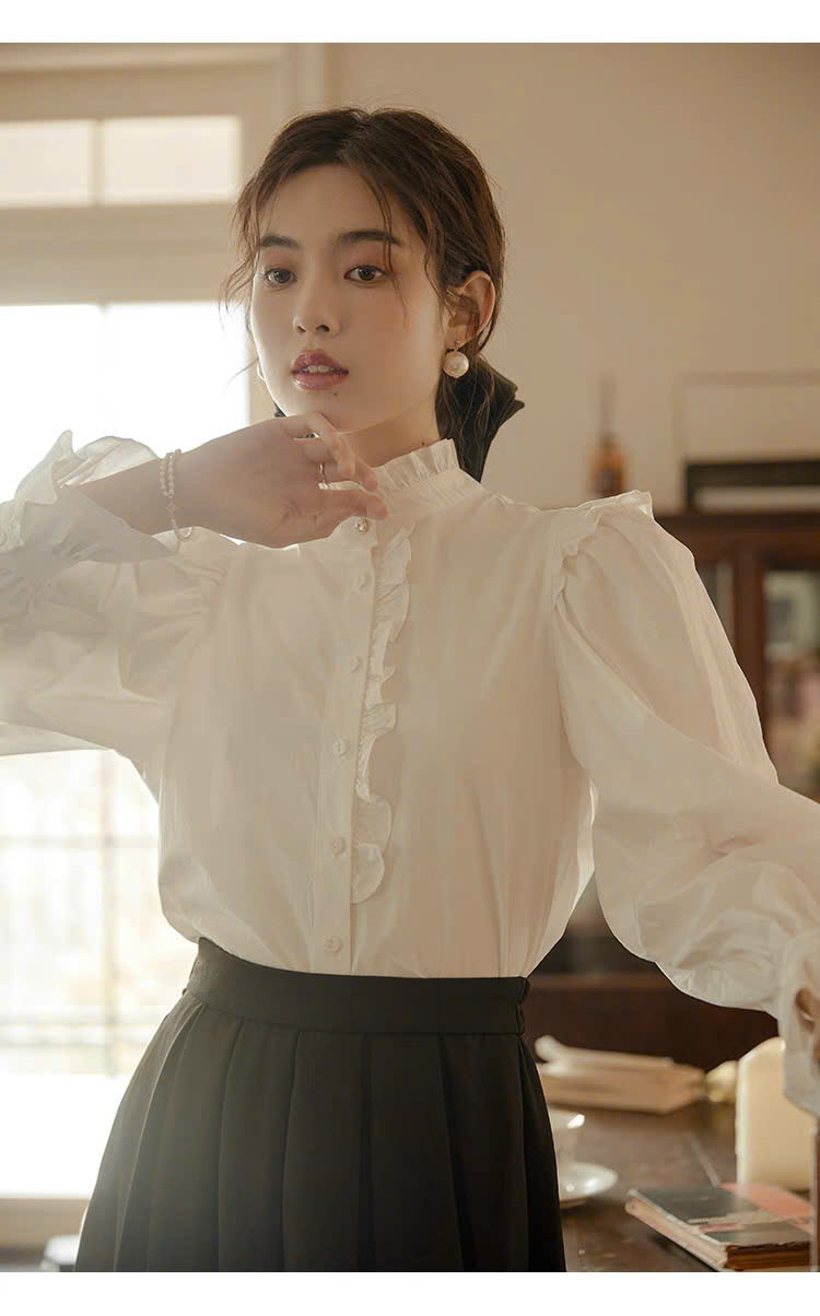 SM43 Áo sơ mi tay bồng màu trắng phong cách retro Pháp dành cho nữ của MAKILANA,áo dài tay thiết kế mới mùa xuân 2026