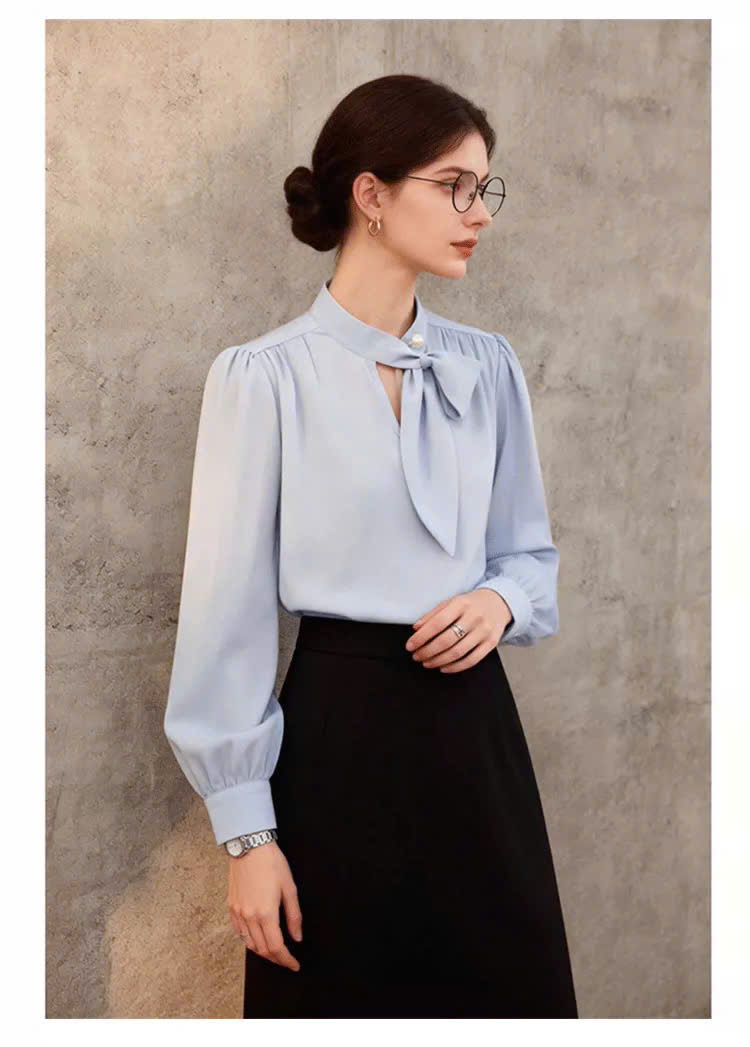 SM46 Áo sơ mi thiết kế cổ nơ thanh lịch MAKILANA,áo sơ mi phong cách công sở dành cho nữ