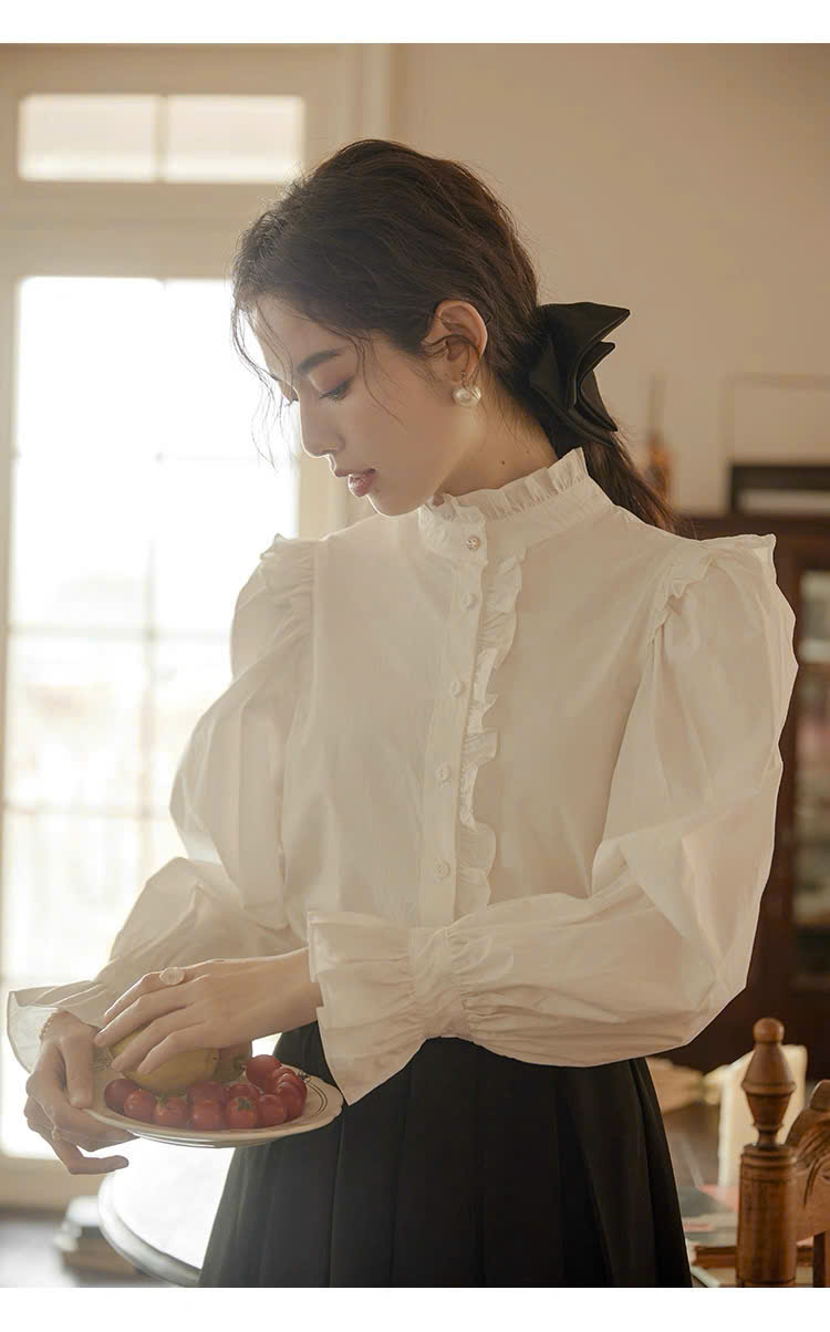 SM43 Áo sơ mi tay bồng màu trắng phong cách retro Pháp dành cho nữ của MAKILANA,áo dài tay thiết kế mới mùa xuân 2026