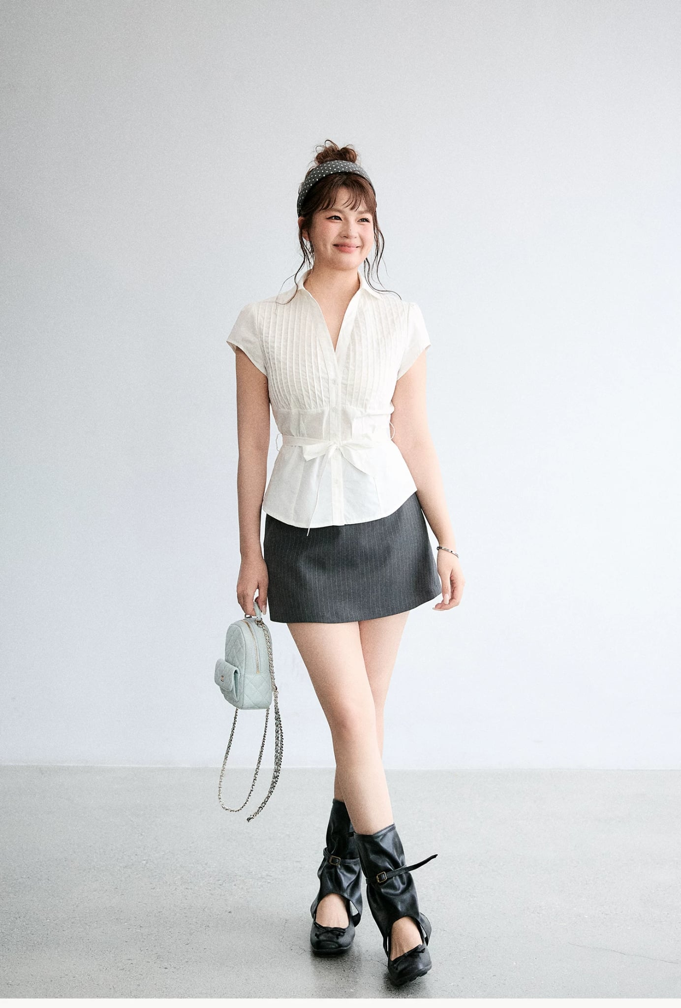 SM58 Áo Sơ Mi Nữ MAKILANA Tay Ngắn Chiết Eo Xếp Ly Thanh Lịch Style Hàn Quốc, Áo Sơ Mi Cổ Chữ V Dành Cho Nữ