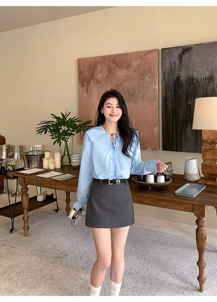 SM48 Áo sơ mi cổ vuông phối dây buộc nơ MAKILANA, Áo sơ mi dài tay thiết kế thanh lịch dành cho nữ