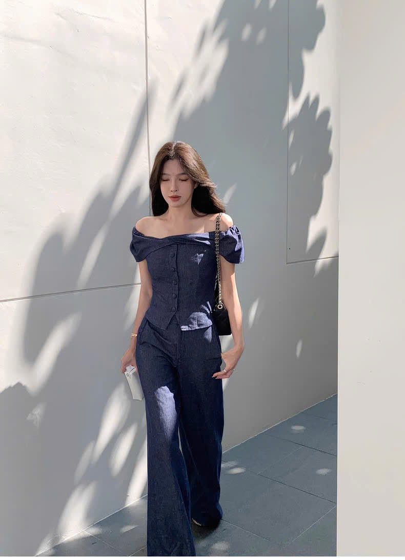 SET30 Set đồ thời trang gồm áo trễ vai và quần ống rộng dáng suông MAKILANA dành cho nữ,Set bộ denim dành cho nữ