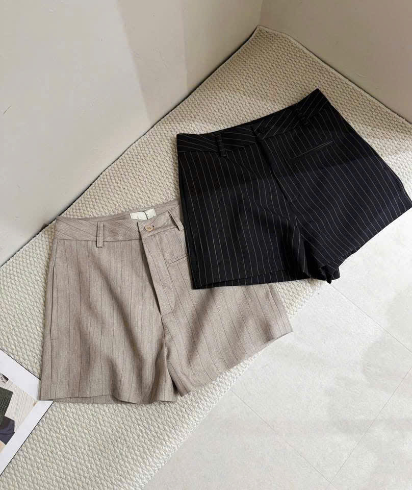 QS10 Quần short nữ cạp cao MAKILANA,quần short kẻ sọc lưng cao ống rộng thanh lịch,form đứng tôn dáng