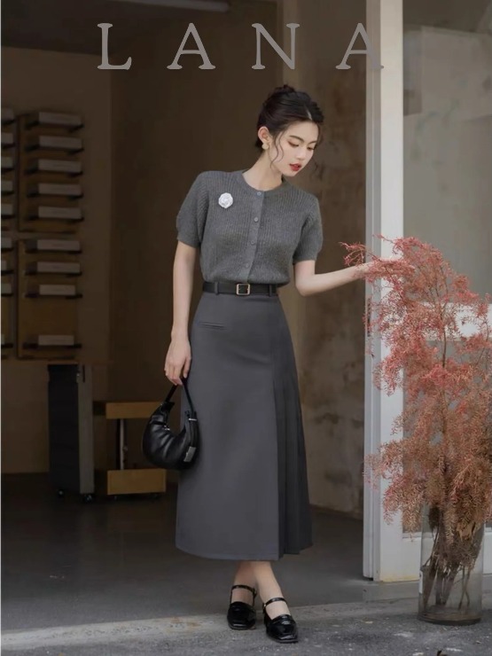 Chân váy midi thân xếp ly túi giả không kèm thắt lưng, chân váy chất liệu cao cấp nhà LANA (CV28)