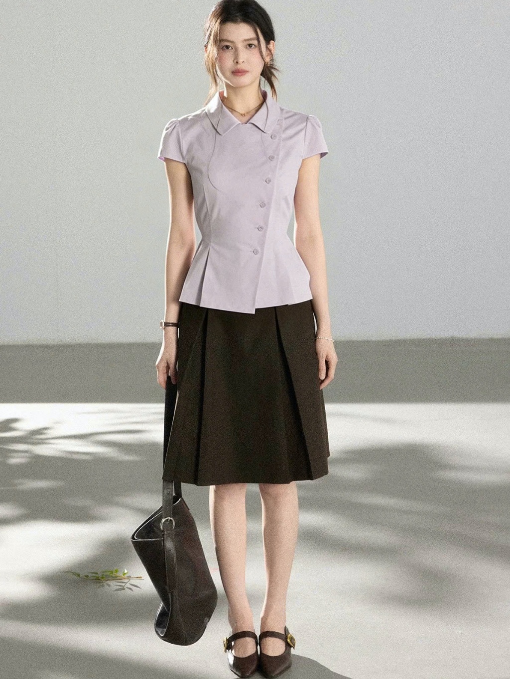 SM65 Áo Sơ Mi Nữ Dáng Peplum Ôm Eo MAKILANA, Áo Sơ Mi Ngắn Tay Nút Lệch Dành Cho Nữ