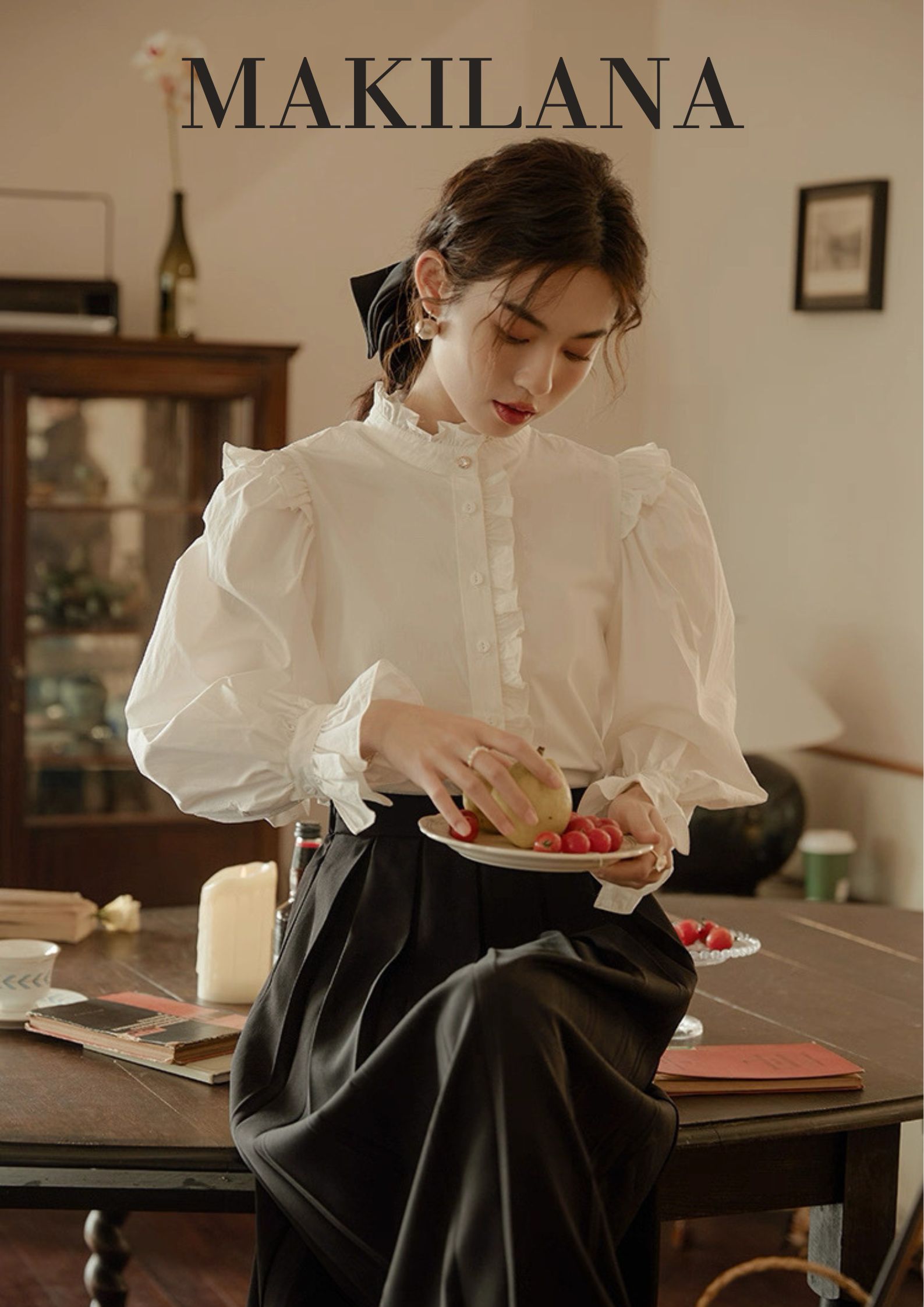 SM43 Áo sơ mi tay bồng màu trắng phong cách retro Pháp dành cho nữ của MAKILANA,áo dài tay thiết kế mới mùa xuân 2026