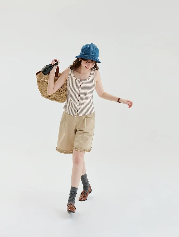 QS18 - Quần Short Nữ Kaki Lưng Cao Viền Bèo Nhún Gấu MAKILANA, Quần Đùi Xếp Ly Ống Rộng Dành Cho Nữ