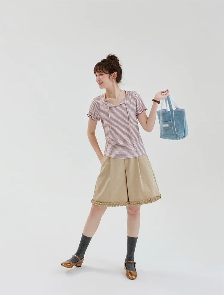 QS18 - Quần Short Nữ Kaki Lưng Cao Viền Bèo Nhún Gấu MAKILANA, Quần Đùi Xếp Ly Ống Rộng Dành Cho Nữ