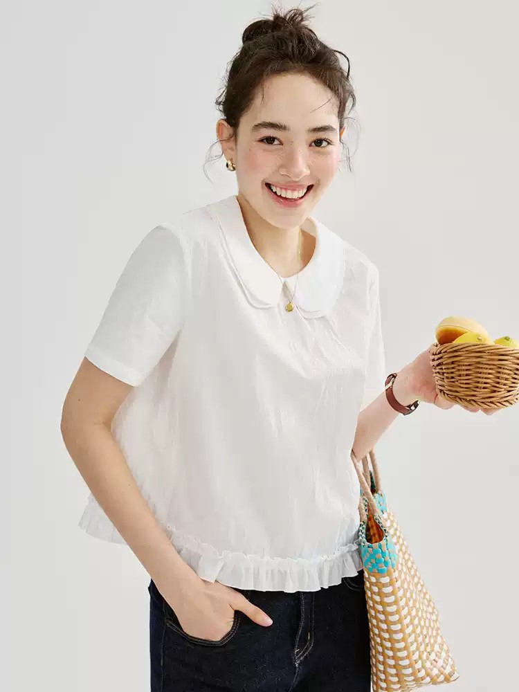 SM87 - Áo Sơ Mi Nữ Ngắn Tay Cổ Peter Pan Gấu Bèo Nhún MAKILANA, Áo Sơ Mi Trắng Dáng Xuông Dành Cho Nữ
