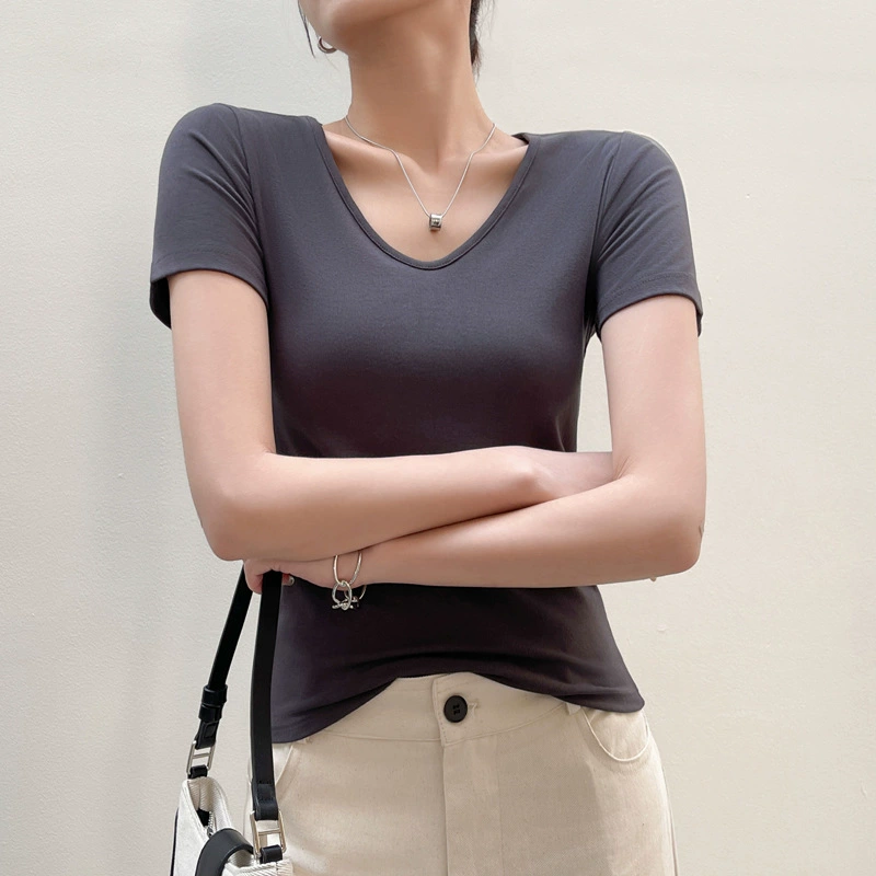 Áo Thun Nữ Cổ Chữ V Tay Ngắn | Form Ôm, Dày Dặn, Thoáng Mát, Thời Trang Mùa Xuân Hè MAKILANA T2