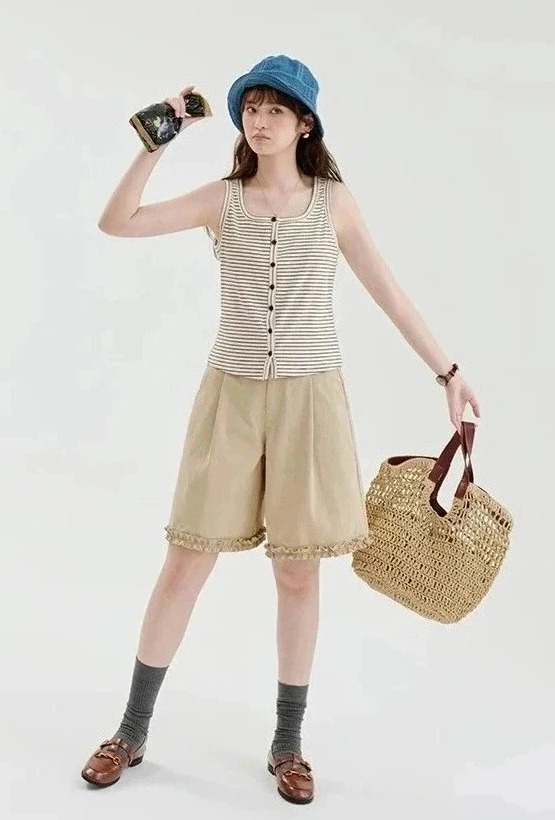 QS18 - Quần Short Nữ Kaki Lưng Cao Viền Bèo Nhún Gấu MAKILANA, Quần Đùi Xếp Ly Ống Rộng Dành Cho Nữ