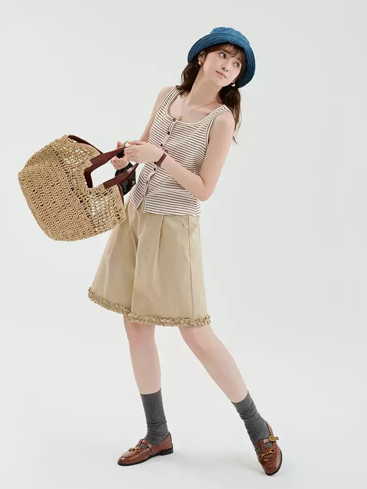 QS18 - Quần Short Nữ Kaki Lưng Cao Viền Bèo Nhún Gấu MAKILANA, Quần Đùi Xếp Ly Ống Rộng Dành Cho Nữ