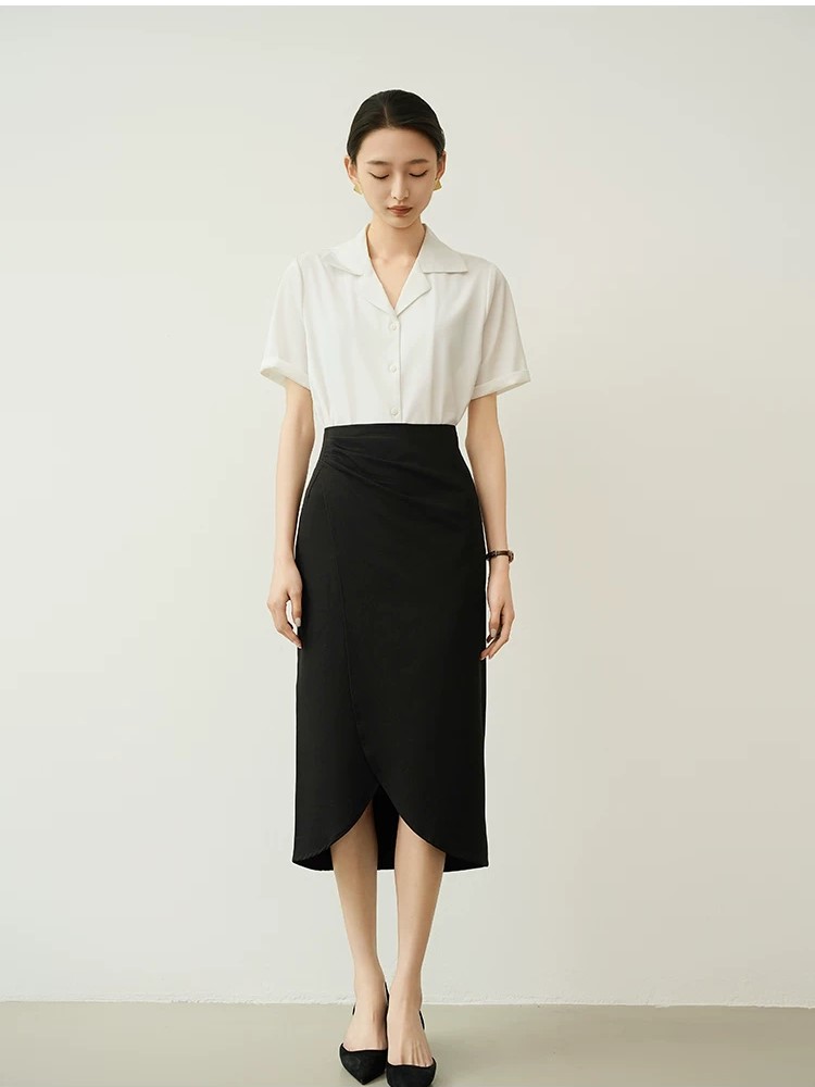 CV67 - Chân Váy Midi Xẻ Lượn Tà MAKILANA Dành Cho Nữ, Chân Váy Bút Chì Dáng Lửng Lưng Xếp Chéo
