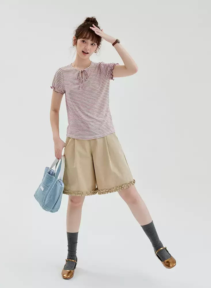 QS18 - Quần Short Nữ Kaki Lưng Cao Viền Bèo Nhún Gấu MAKILANA, Quần Đùi Xếp Ly Ống Rộng Dành Cho Nữ