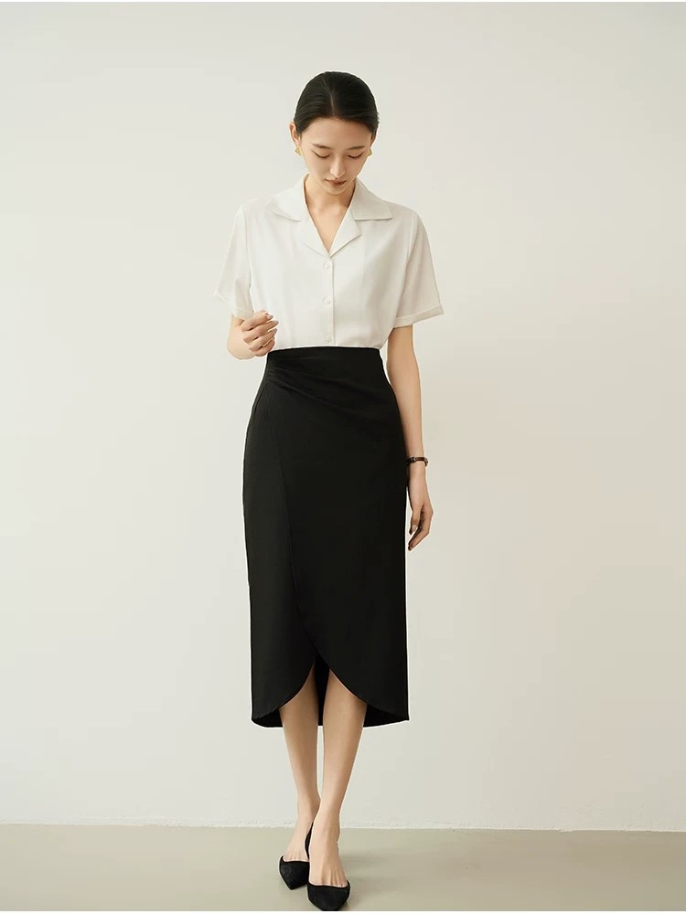 CV67 - Chân Váy Midi Xẻ Lượn Tà MAKILANA Dành Cho Nữ, Chân Váy Bút Chì Dáng Lửng Lưng Xếp Chéo